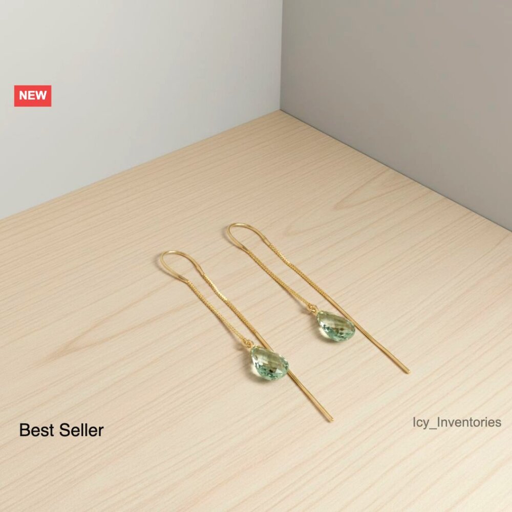 14k Solid Gold Green Amethyst Thread Earrings Ele… - image 1